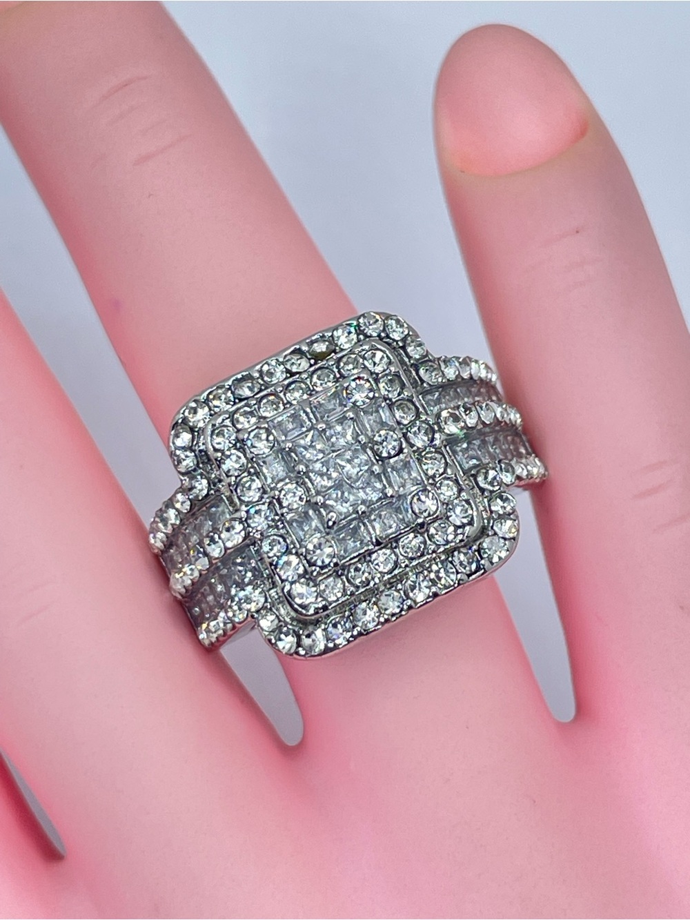 Pave Diamond White CZ Cluster Statement Ring Silver Bold Square Halo Glam